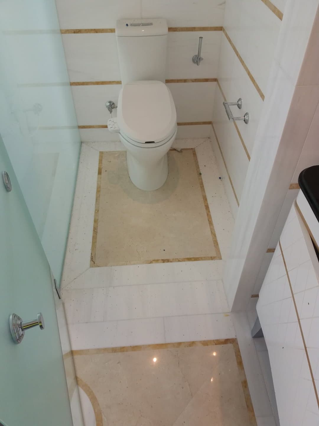 Modern bathroom with a white toilet, glass shower, and elegant patterned floor tiles.